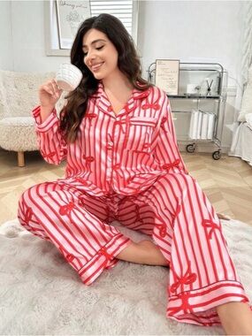 SHEIN Red & White Striped Satin Pajama Set with Bow Detail